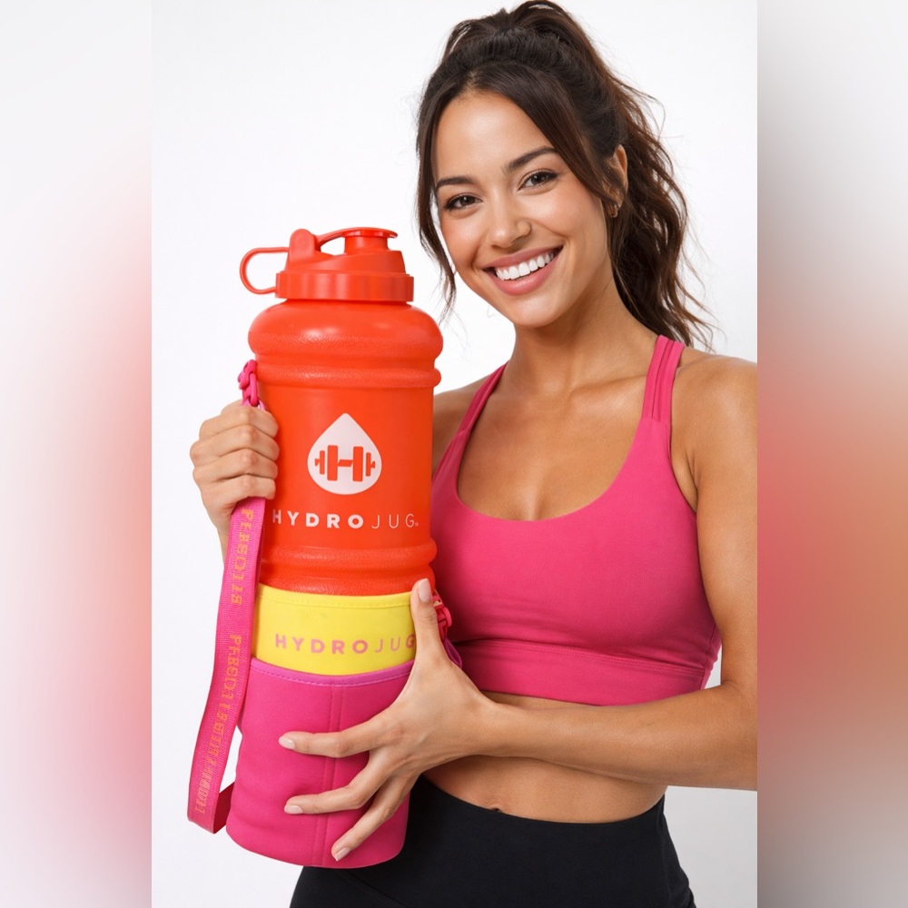 HydroJug Neon Orange Bottle with Pink Sleeve and Yellow Accent